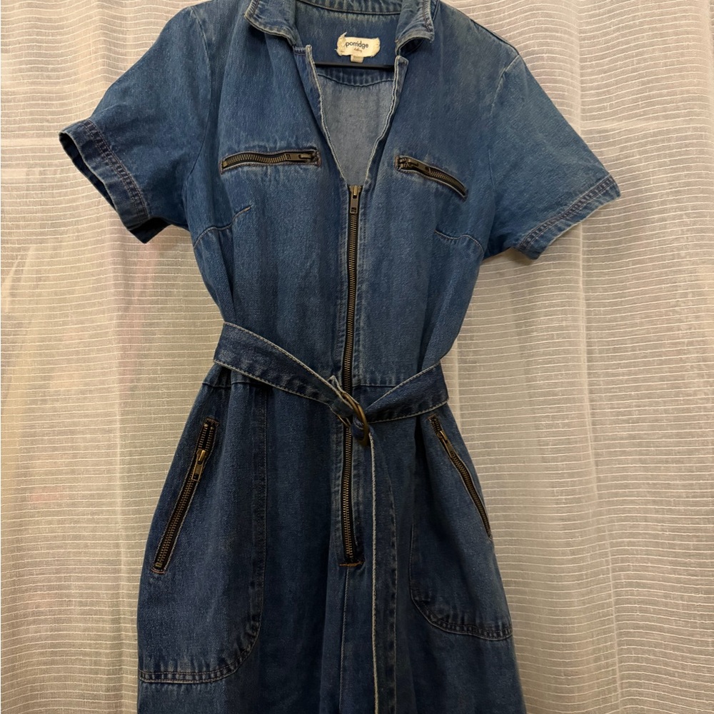 Anthropologie Blue Denim Belted Midi Jumpsuit